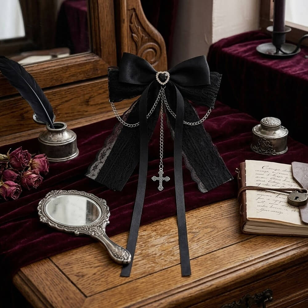 Dark Gothic Cross Chain Lace Bow Hair Clips