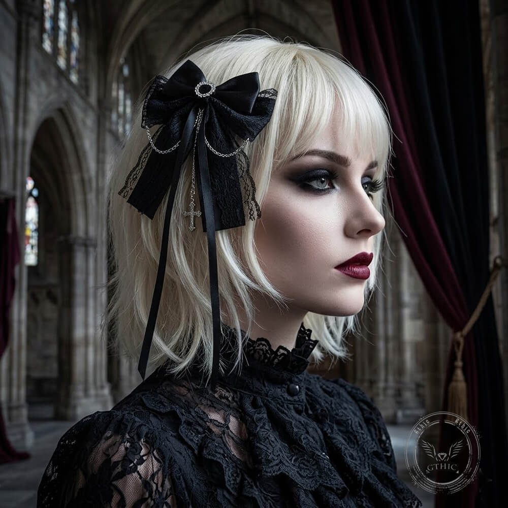 Dark Gothic Cross Chain Lace Bow Hair Clips | Gthic.com