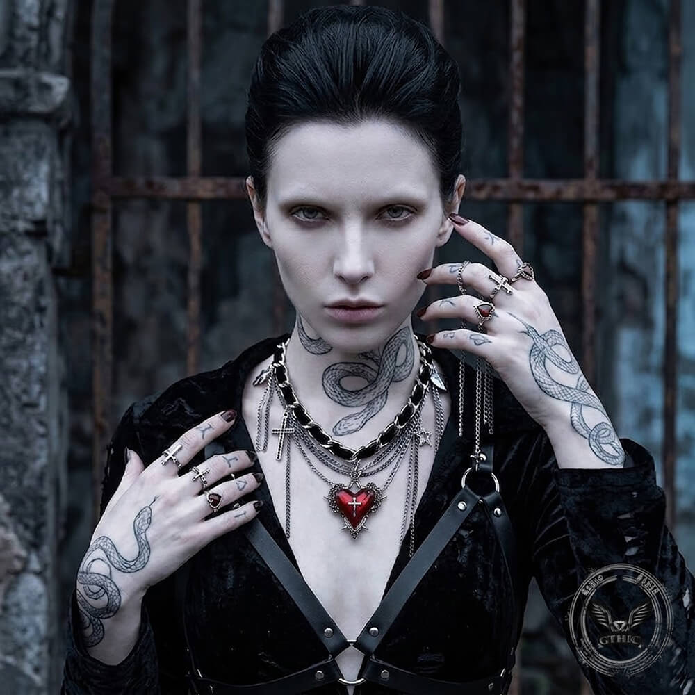 Dark Gothic Cross Heart Tassel Alloy Choker Necklace | Gthic.com
