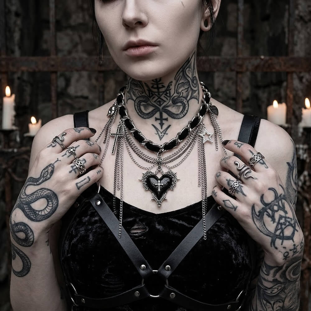 Dark Gothic Cross Heart Tassel Alloy Choker Necklace | Gthic.com