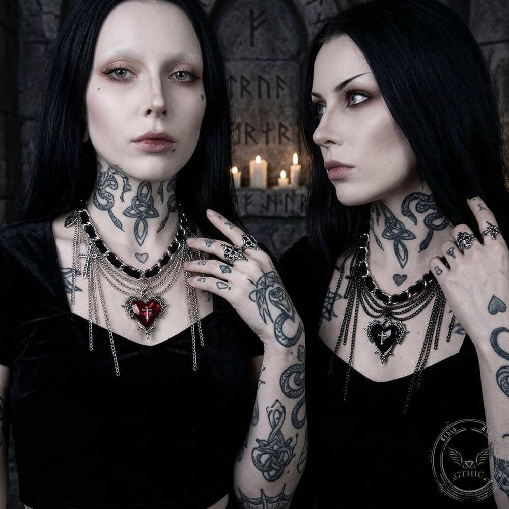 Dark Gothic Cross Heart Tassel Alloy Choker Necklace | Gthic.com