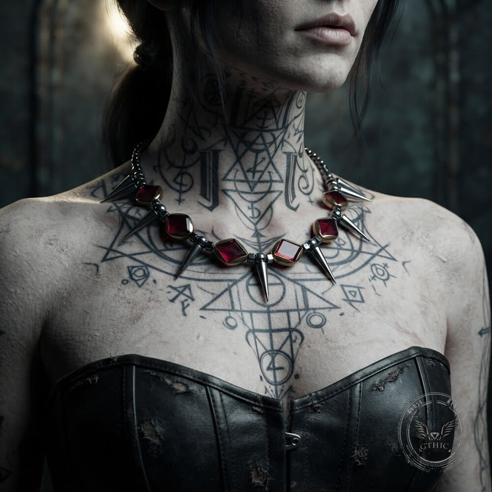 Dark Gothic Studded Gem Stainless Steel Clavicle Necklace | Gthic.com