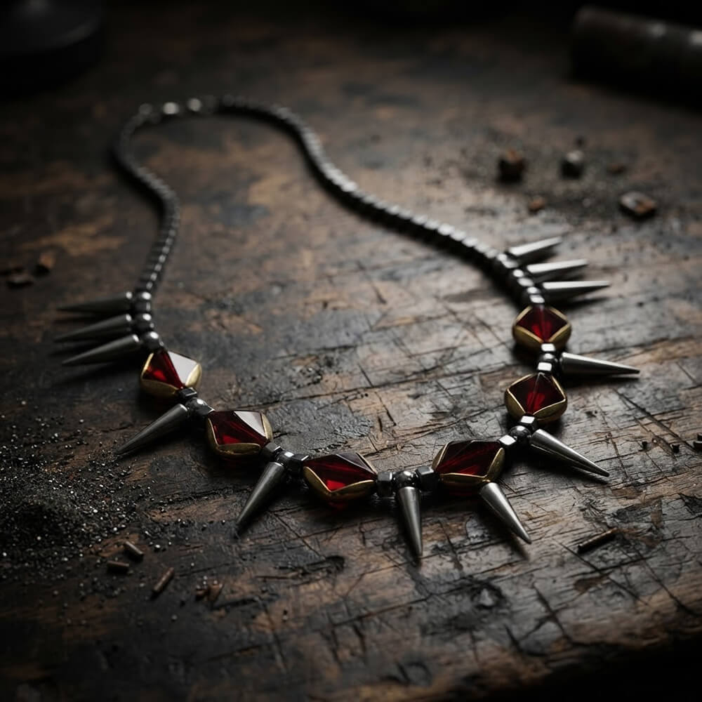 Dark Gothic Studded Gem Stainless Steel Clavicle Necklace | Gthic.com