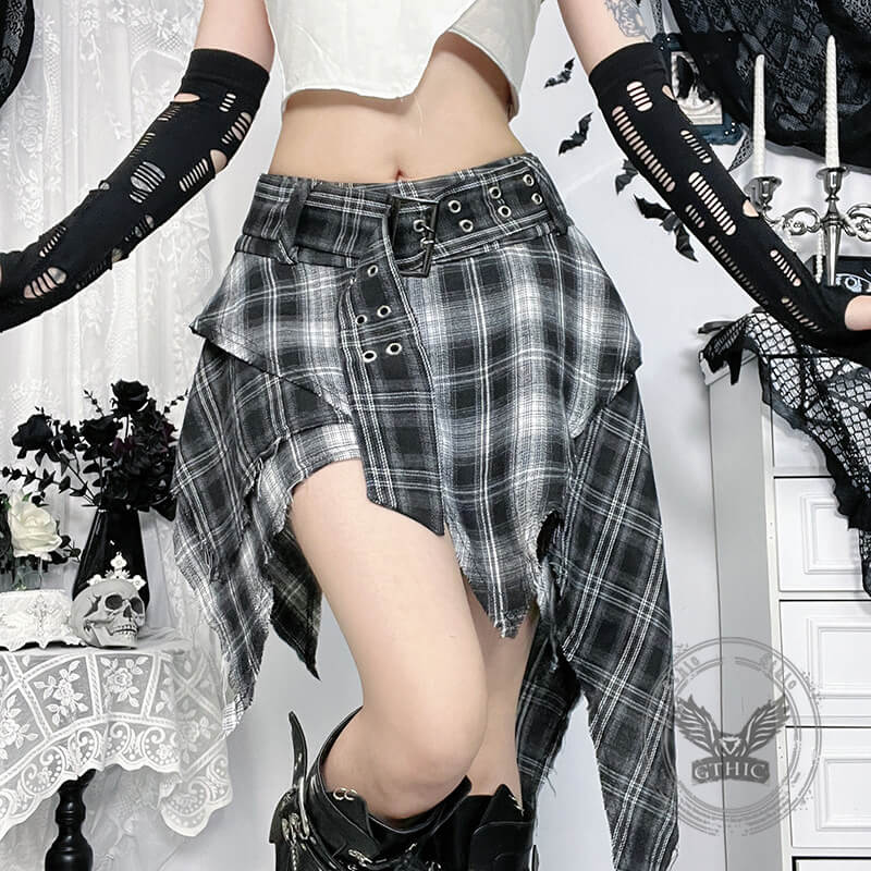 Dark Gothic Style Irregular Black Plaid Skirt | Gthic.com