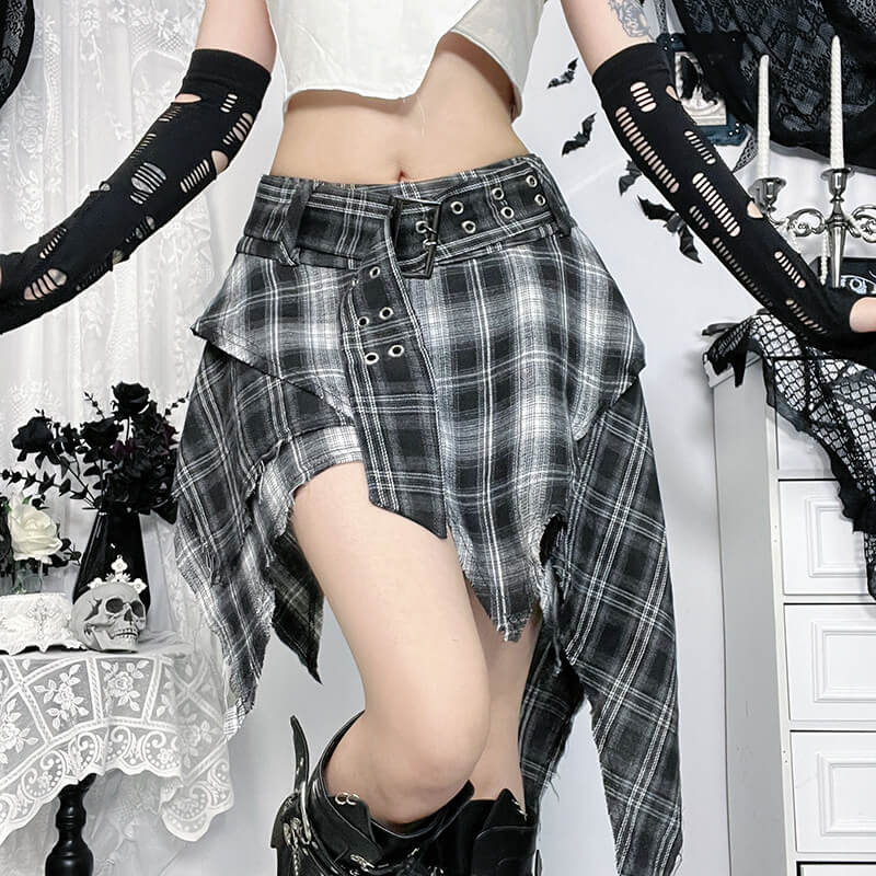 Dark Gothic Style Irregular Black Plaid Skirt | Gthic.com