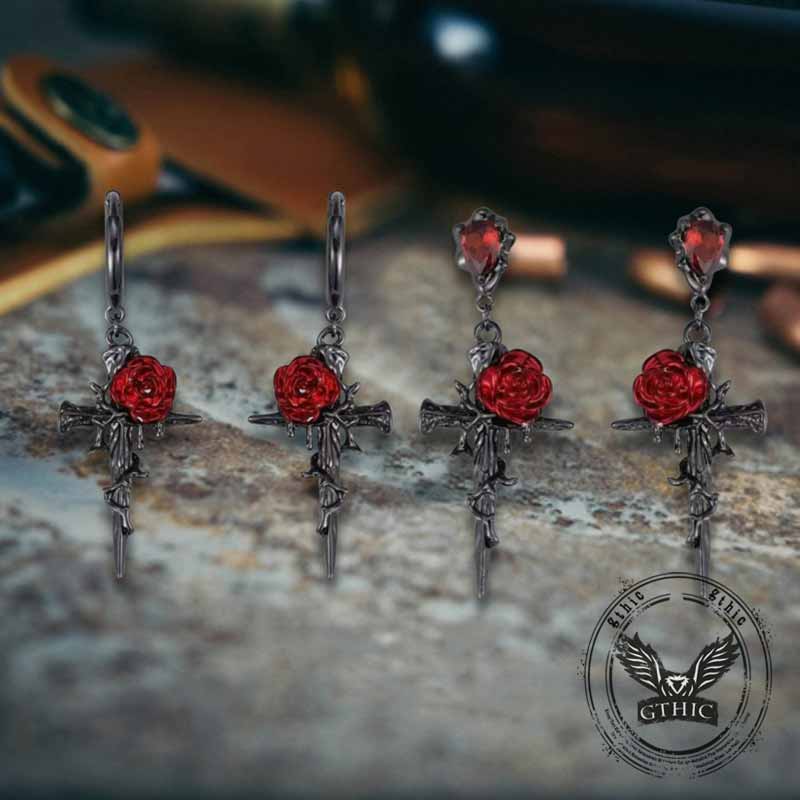 Dark Gothic Thorn Rose Cross Zinc Alloy Earrings | Gthic.com