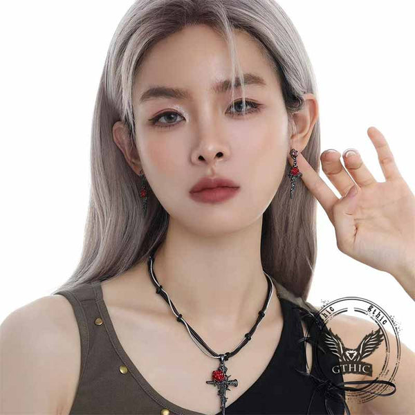 Dark Gothic Thorn Rose Cross Zinc Alloy Earrings | Gthic.com