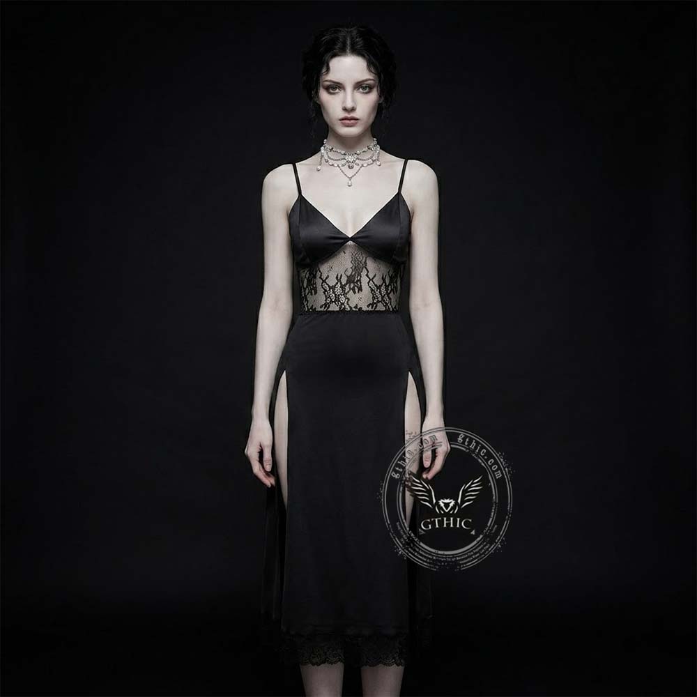 Dark Gothic V-Neck Lace Slit Camisole Dress | Gthic.com