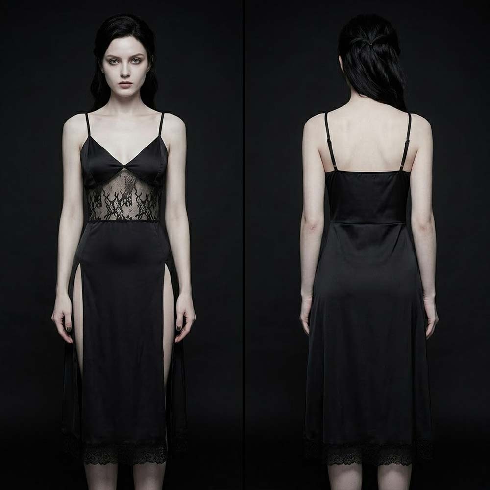 Dark Gothic V-Neck Lace Slit Camisole Dress | Gthic.com