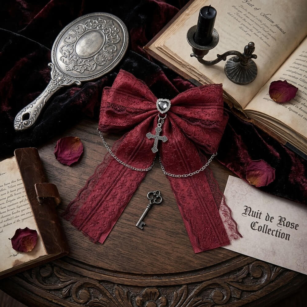 Dark Heart Cross Lace Bow Ribbon Gothic Hair Clips