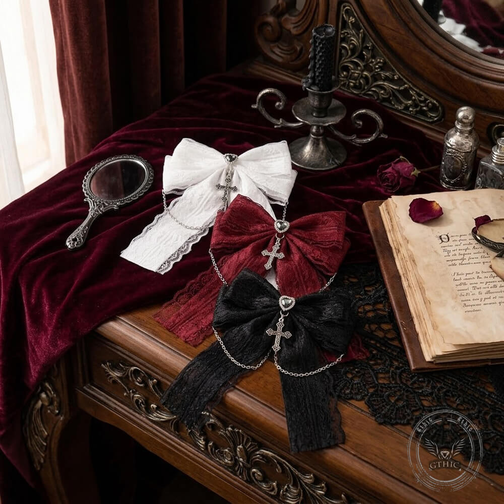Dark Heart Cross Lace Bow Ribbon Gothic Hair Clips | Gthic.com