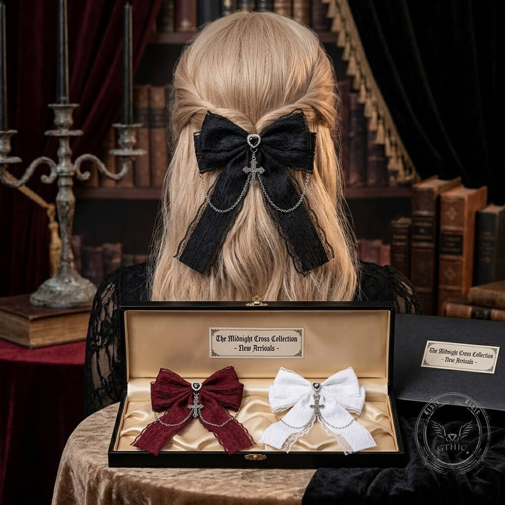 Dark Heart Cross Lace Bow Ribbon Gothic Hair Clips | Gthic.com