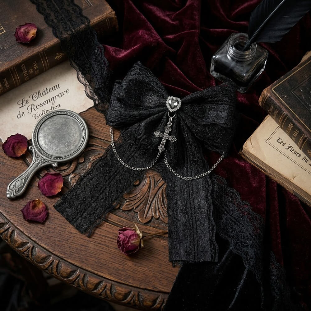 Dark Heart Cross Lace Bow Ribbon Gothic Hair Clips