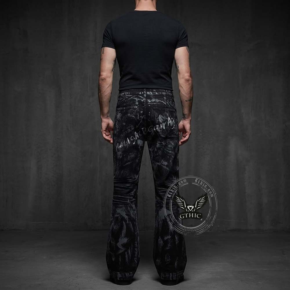 Dark High-Street Graffiti Pattern Flared Jeans | Gthic.com