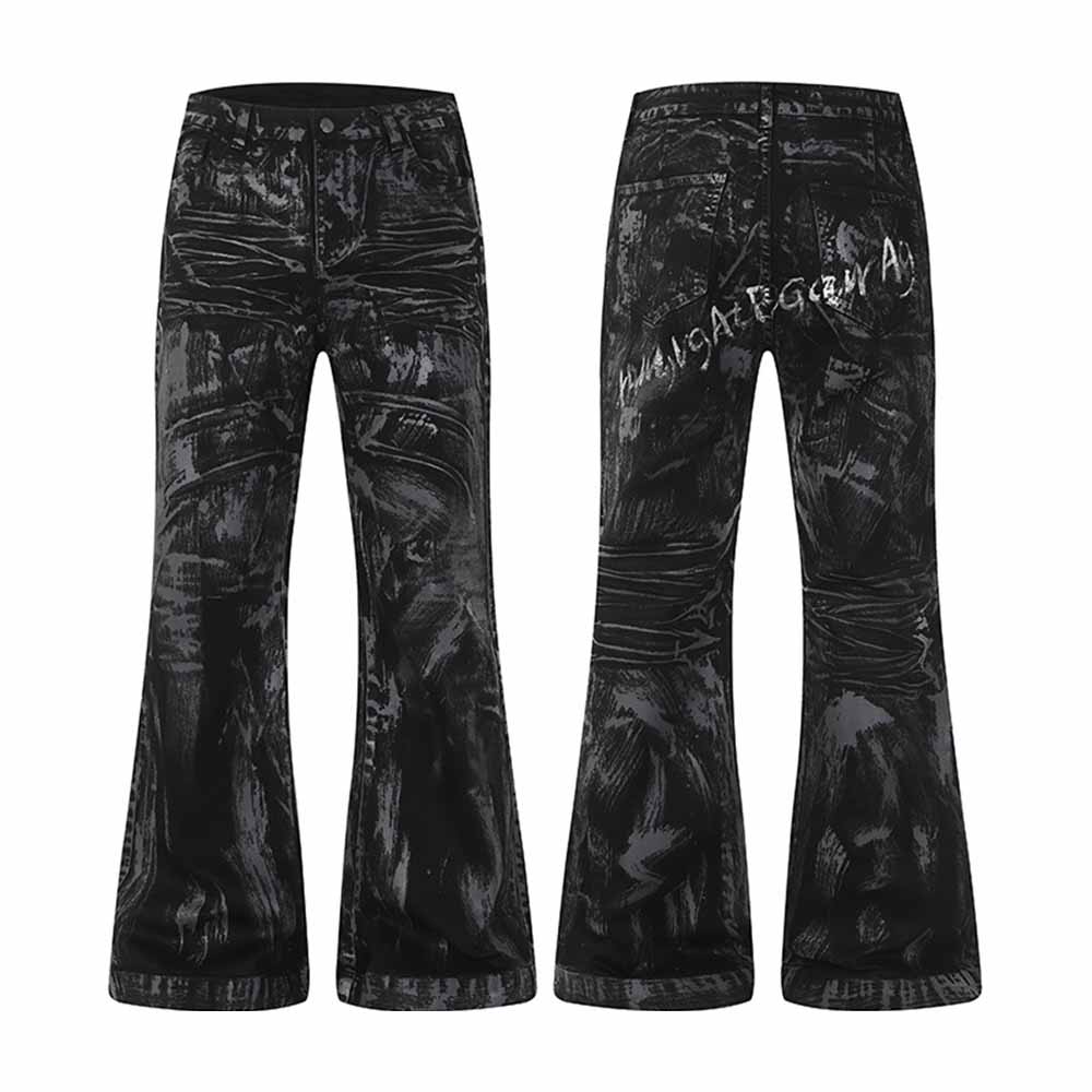 Dark High-Street Graffiti Pattern Flared Jeans | Gthic.com