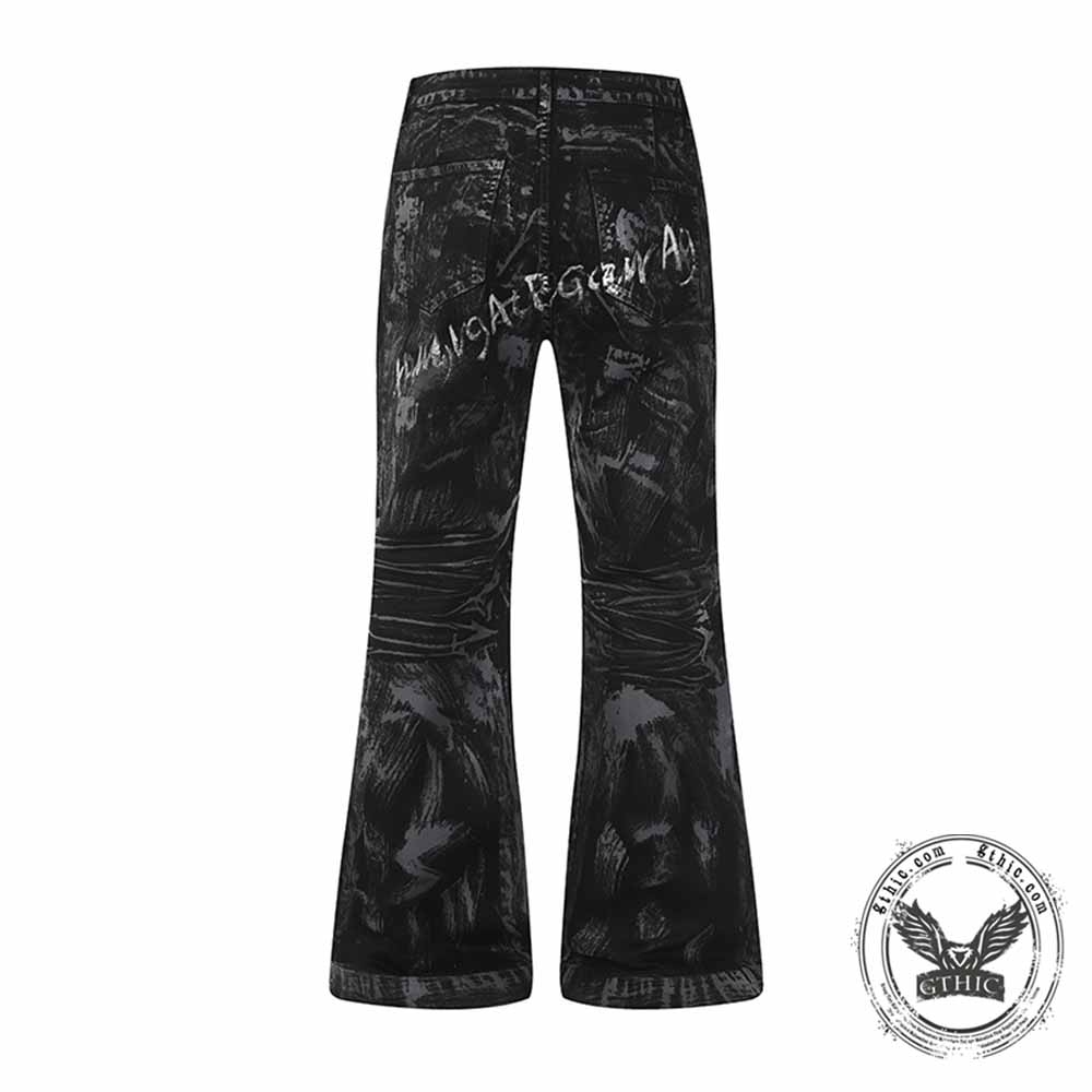 Dark High-Street Graffiti Pattern Flared Jeans