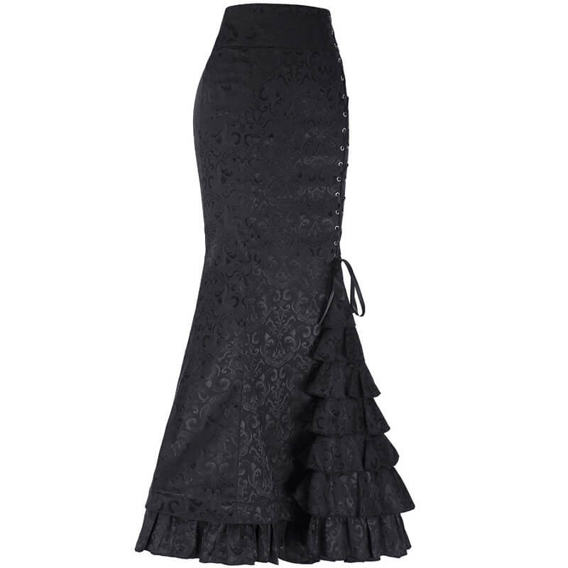 Dark Jacquard Gothic Hip-Wrap Fishtail Maxi Skirt | Gthic.com