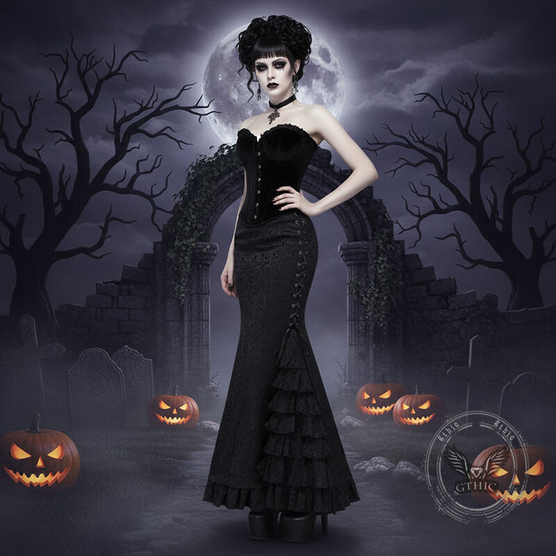 Dark Jacquard Gothic Hip-Wrap Fishtail Maxi Skirt | Gthic.com