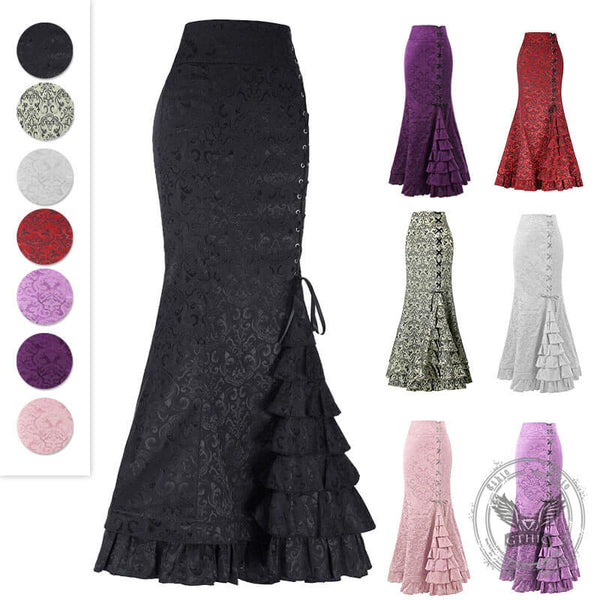 Dark Jacquard Gothic Hip-Wrap Fishtail Maxi Skirt | Gthic.com