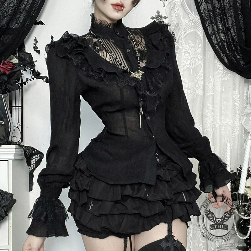 Dark Lace Hollow Ruffled Gothic Shirt Top | Gthic.com