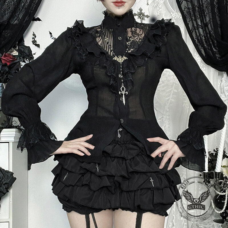 Dark Lace Hollow Ruffled Gothic Shirt Top | Gthic.com