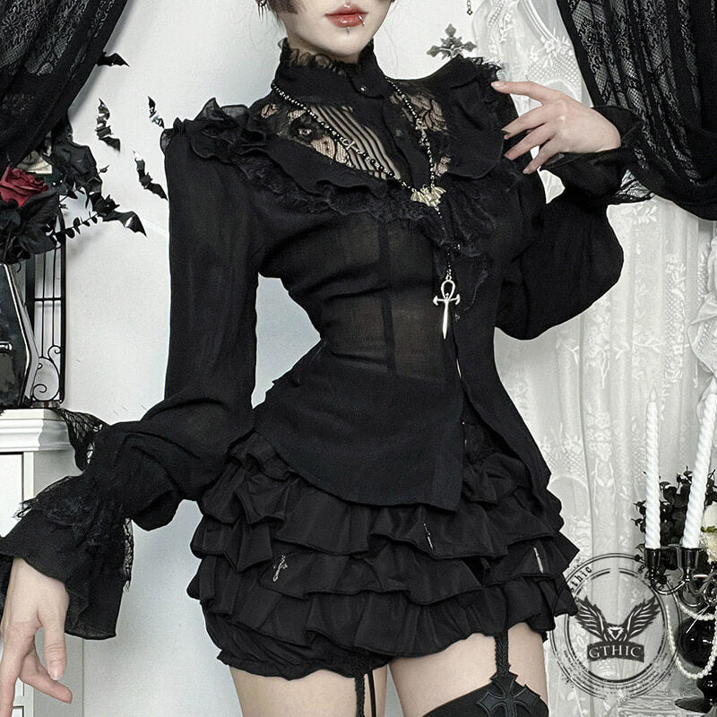 Dark Lace Hollow Ruffled Gothic Shirt Top | Gthic.com