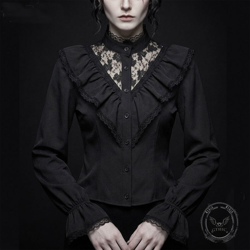ALGONQUINS frilled shirt ブラウス gothic レース Dark Lace Hollow Ruffled Gothic Shirt Top – GTHIC