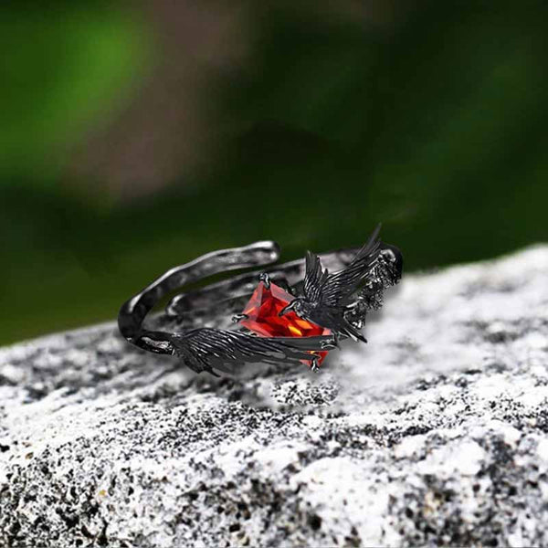 Dark Punk Crow Red Zircon Copper Open Ring 01 | Gthic.com