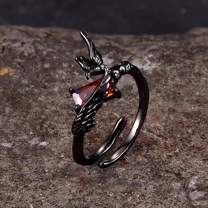 Dark Punk Crow Red Zircon Copper Open Ring