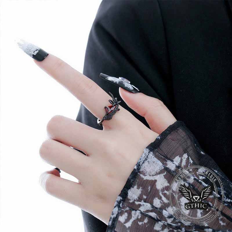 Dark Punk Crow Red Zircon Copper Open Ring 02 | Gthic.com