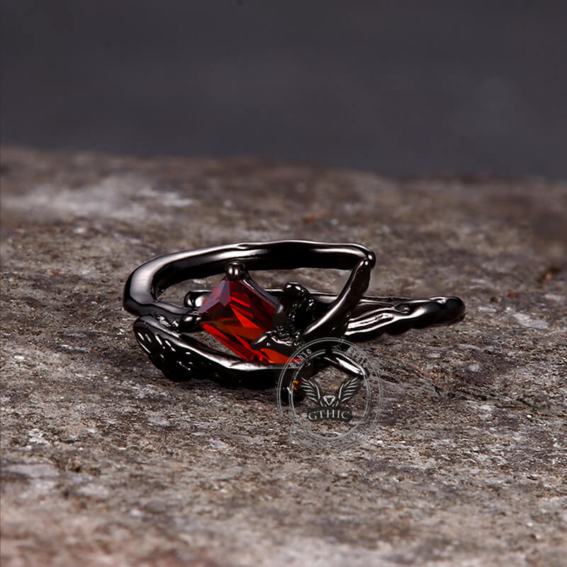 Dark Punk Crow Red Zircon Copper Open Ring
