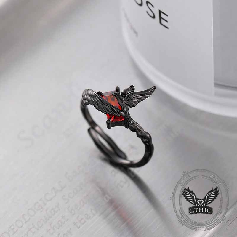 Dark Punk Crow Red Zircon Copper Open Ring