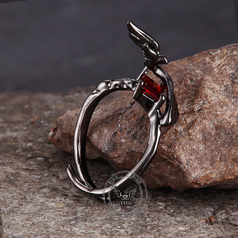 Dark Punk Crow Red Zircon Copper Open Ring