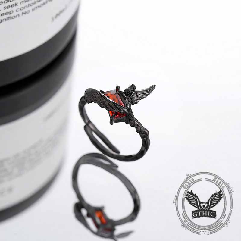 Dark Punk Crow Red Zircon Copper Open Ring