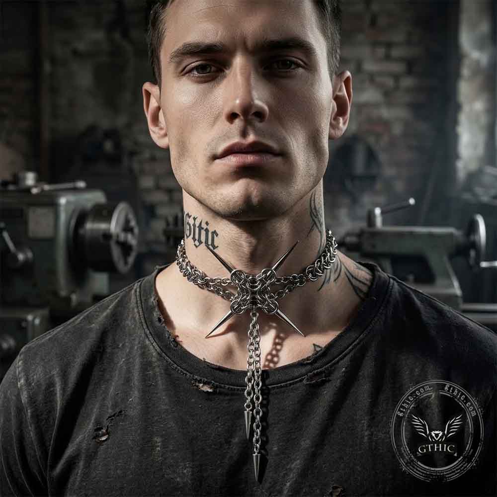 Dark Punk Spike Stainless Steel Clavicle Necklace | Gthic.com