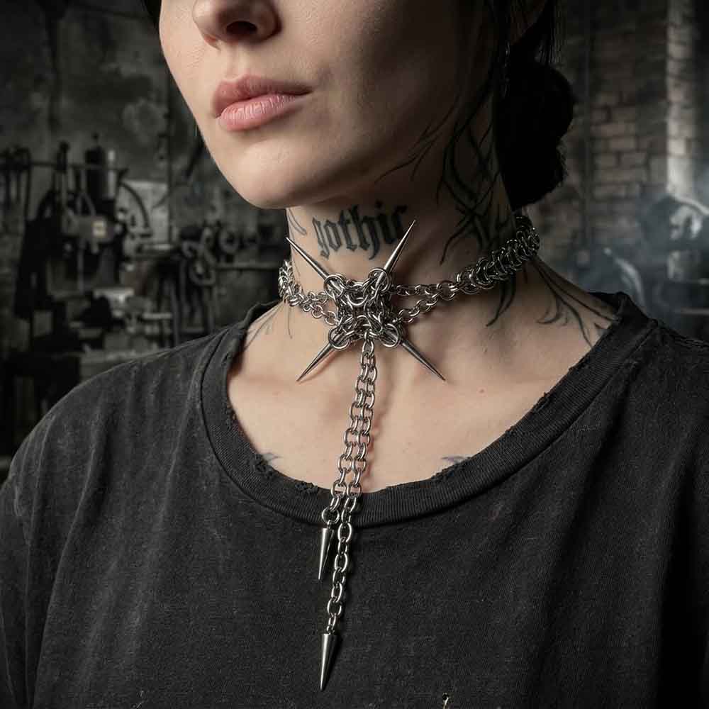 Dark Punk Spike Stainless Steel Clavicle Necklace | Gthic.com