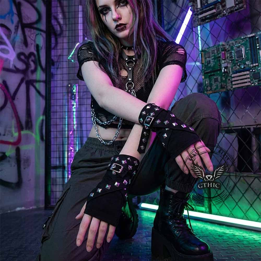 Dark Punk Studded Strap Half-Finger Sleeve Gloves | Gthic.com
