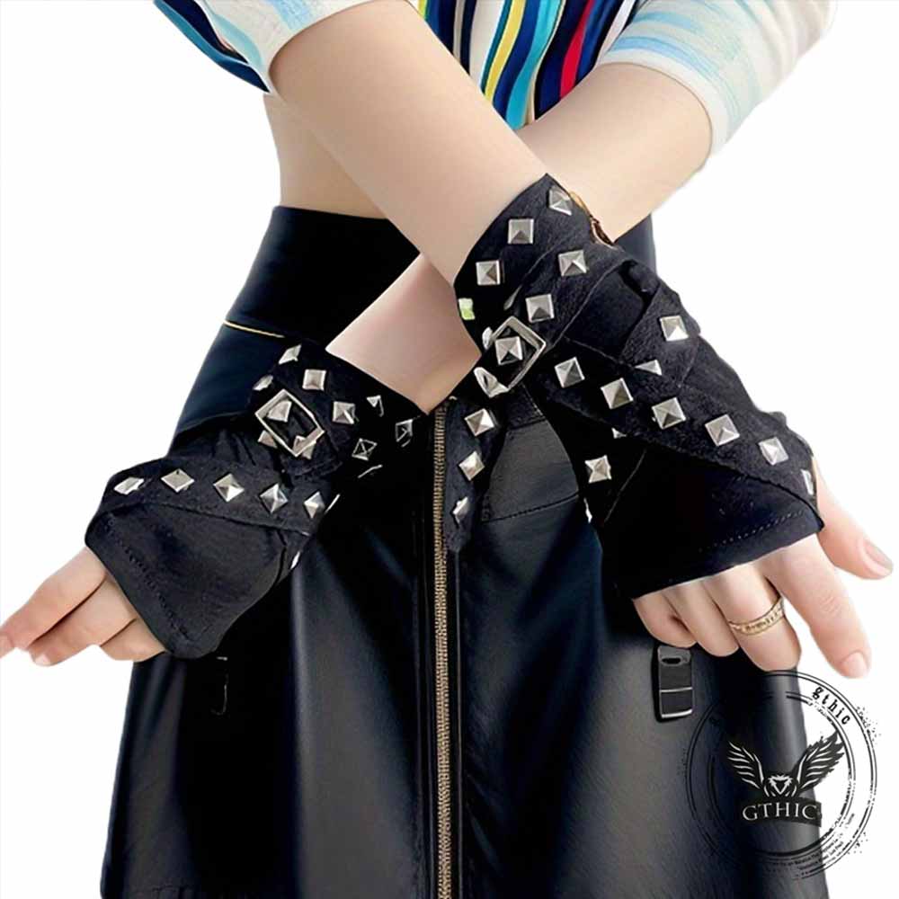 Dark Punk Studded Strap Half-Finger Sleeve Gloves | Gthic.com