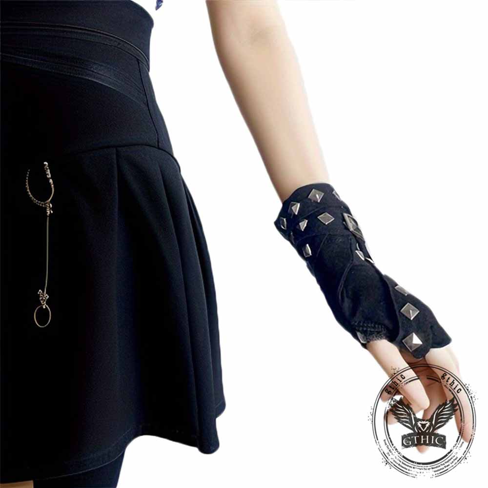 Dark Punk Studded Strap Half-Finger Sleeve Gloves | Gthic.com