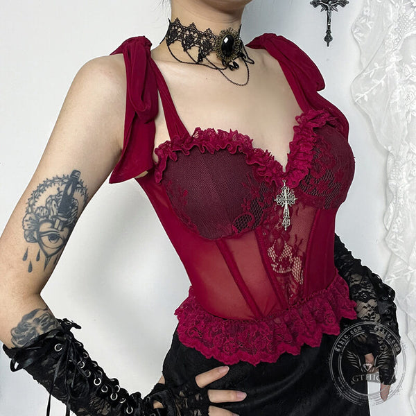 Dark Red Lace Mesh Bustier Crop Top | Gthic.com