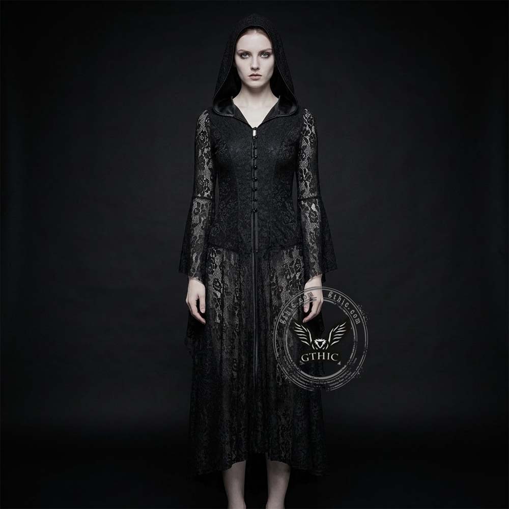 Dark Retro-Style Hooded Mesh Medieval Dress | Gthic.com