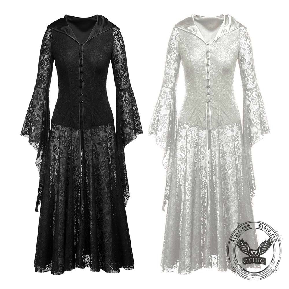 Dark Retro-Style Hooded Mesh Medieval Dress | Gthic.com