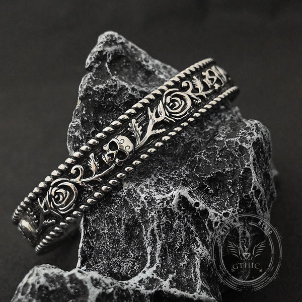 Dark Skull Rose Gothic Stainless Steel Open Bracelet | Gthic.com