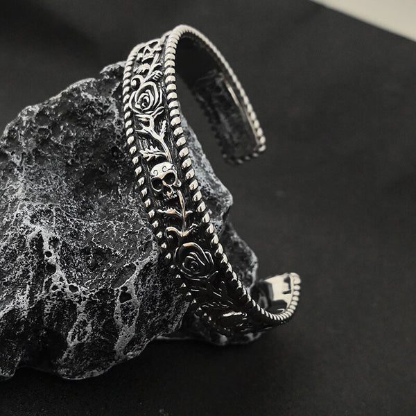 Dark Skull Rose Gothic Stainless Steel Open Bracelet | Gthic.com