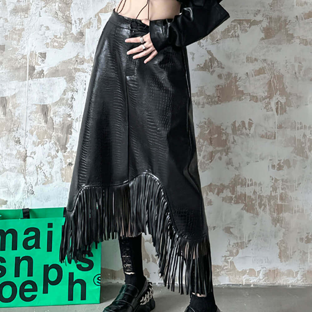 Dark Style Asymmetric Tassel PU Leather Skirt