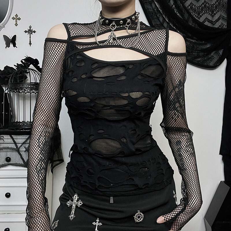 Dark Style Sexy Slim Mesh Hole Long Sleeve Top 01 | Gthic.com
