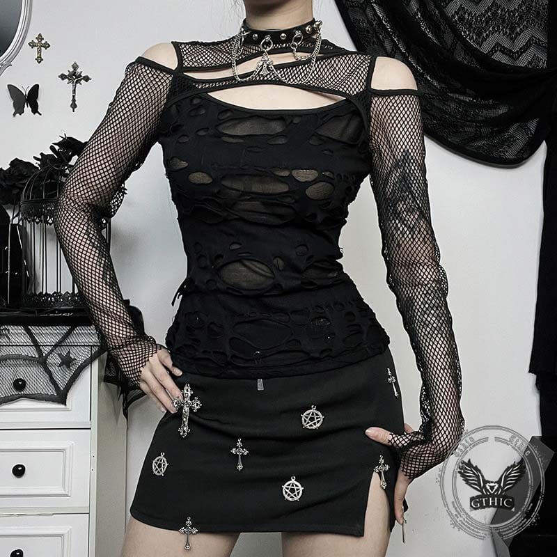 Dark Style Sexy Slim Mesh Hole Long Sleeve Top 03 | Gthic.com