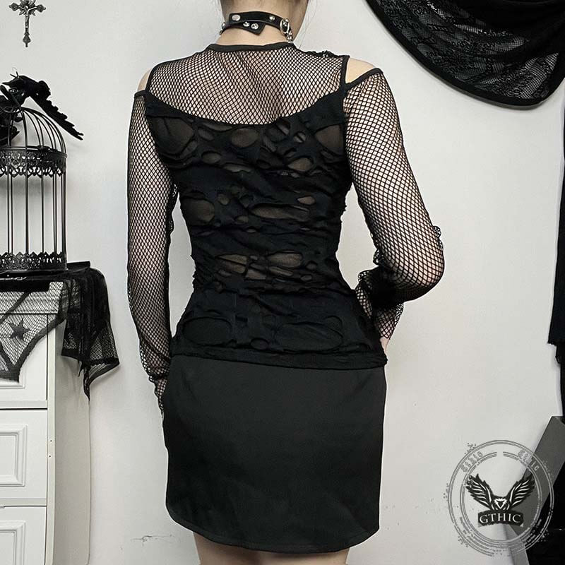 Dark Style Sexy Slim Mesh Hole Long Sleeve Top