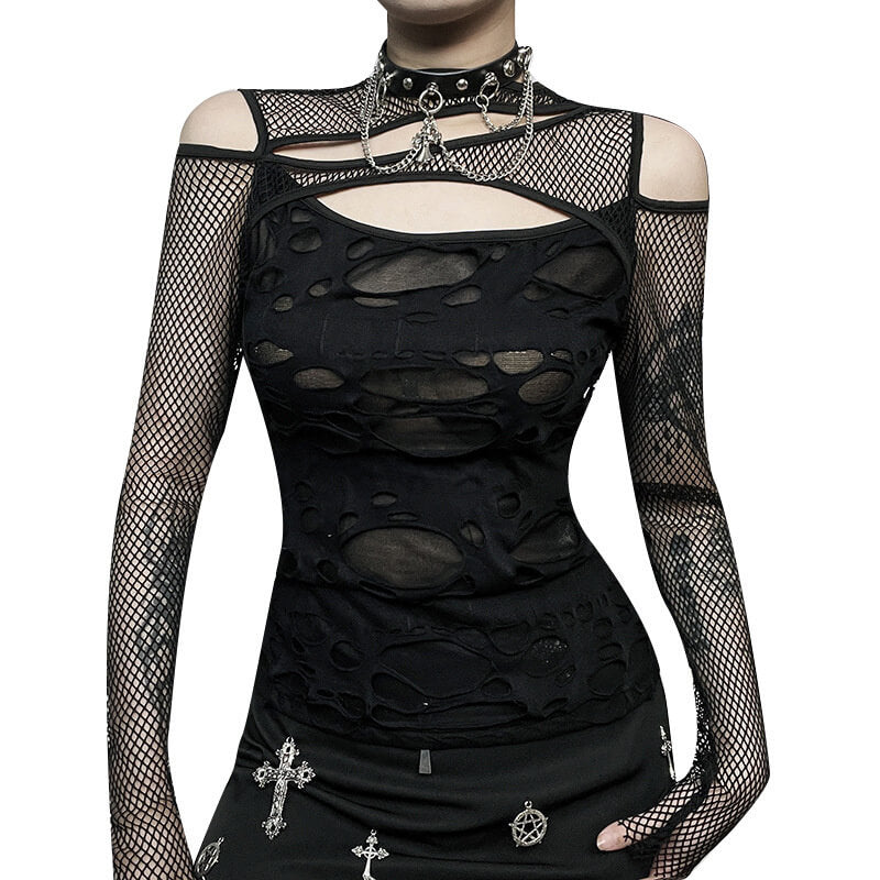 Dark Style Sexy Slim Mesh Hole Long Sleeve Top