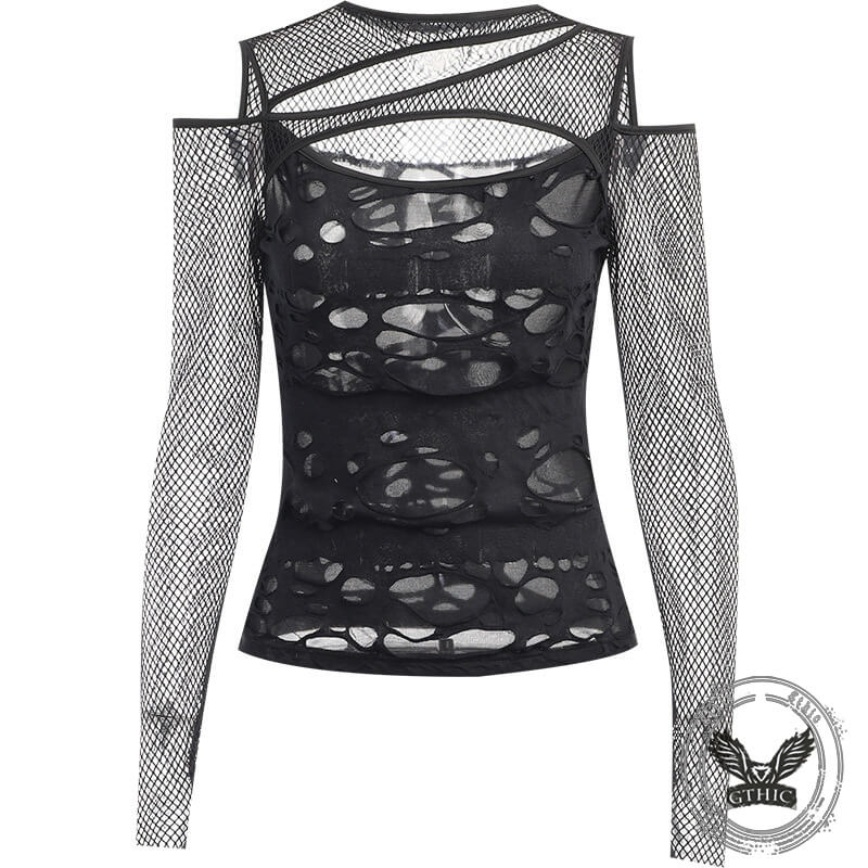 Dark Style Sexy Slim Mesh Hole Long Sleeve Top